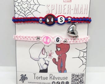 Spiderman and Gwen Stacy Duo Bracelets Handmade / Black and Red and Pink and White / Stainless Steel / Macrame / Water Resistant