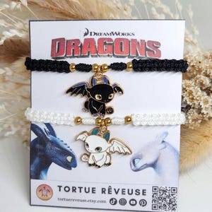 Peut inclure: Deux bracelets en cordon tressé, un noir et un blanc, chacun avec un charm en forme de dragon. Les breloques sont noires et blanches avec des accents bleus et des perles dorées. La carte derrière les bracelets porte le logo DreamWorks Dragons.