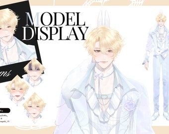 May include: A digital illustration of a male character with blond hair wearing a white suit with a light blue patterned design. The character has a white bunny ear headband and a white bow tie. The illustration is set against a white background with a black frame.