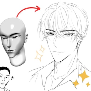 May include: An illustration of a male face with a 3D model and a sketch. The sketch depicts a man with styled hair and a collared shirt. The 3D model is a gray, featureless face. A red arrow points from the model to the sketch.