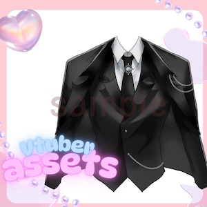 May include: A black suit with a white collared shirt, black tie, and decorative chain. The suit has a three-button closure and a pocket on each side. The words "vtuber assets" are in the bottom left corner.