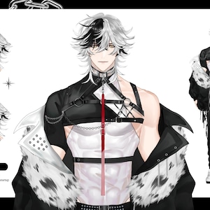 May include: A digital illustration of a person with white and black hair wearing a black and white outfit with a red strap. The person is wearing a white tank top with black straps and a black jacket with white fur trim. The person is also wearing black pants with white accents and white sneakers.