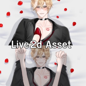 May include: A digital illustration of a person with blonde hair wearing a black jacket and a black choker. The person is lying on a white surface with red roses scattered around. The text "Live2d Asset" is displayed in the center of the image.