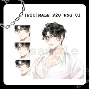 May include: A digital illustration of a man with black hair and red eyes. He is wearing a white shirt with the collar undone. The image is labeled "[P2U] MALE P2U PNG 01".