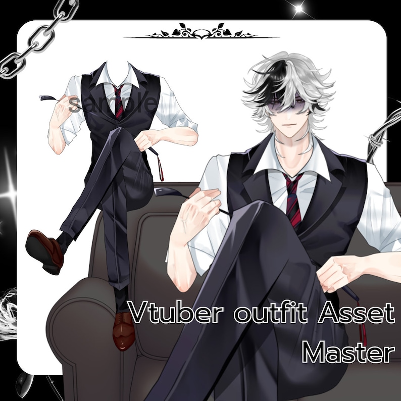 May include: A black and white illustration of a person wearing a white shirt, black vest, and black pants with a red tie. The person is sitting on a couch. The text "Vtuber outfit Asset Master" is below the person.