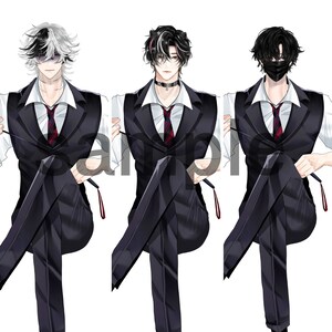 May include: Three illustrations of men in black suits and white shirts with red and black striped ties. The men have different hairstyles and one is wearing a black face mask.