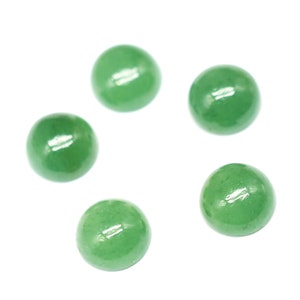 May include: Five round, polished green jade beads are arranged against a white background. The beads have a smooth, glossy surface, reflecting light. These beads are suitable for jewelry making or craft projects.