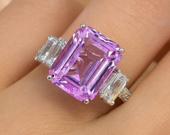 Emerald Cut Pink Sapphire Engagement Ring 925 Sterling Silver Lab Pink Sapphire Wedding Ring Vintage Ring Promise Ring Cluster Baguette Ring
