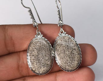 Natural Black Coral fossil, Agatized Coral 925 Solid Sterling Silver Earrings mothers day gift