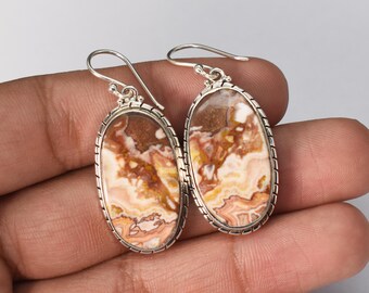 Natural Rhodochrosite Dangle Earrings In 92.5 Sterling Silver Anniversary Gift For Her Mothers Day Gift