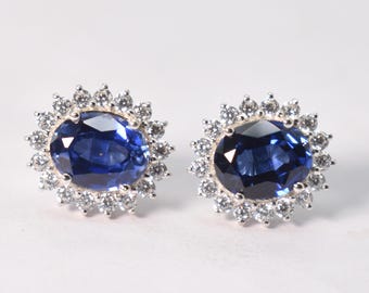 Lab Blue Sapphire Earrings: Diana Style, 92.5 Sterling Sterling Silver, Bridal Jewelry Mothers Day Gift