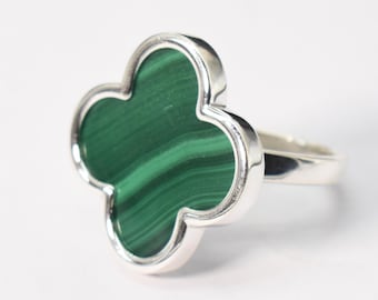 Natural Malachite four Leaf Clover Ring in 92.5 Sterling Silver Unique Crystal Ring Gift For Her Mothers Day Gift