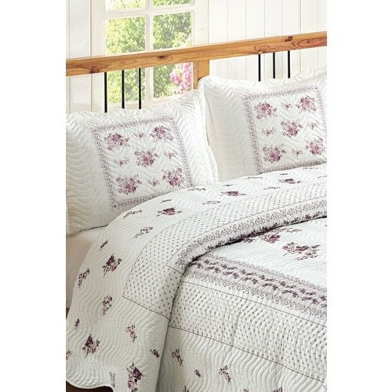 Flower Double Quilted Bedspread Set Lilac Etsy