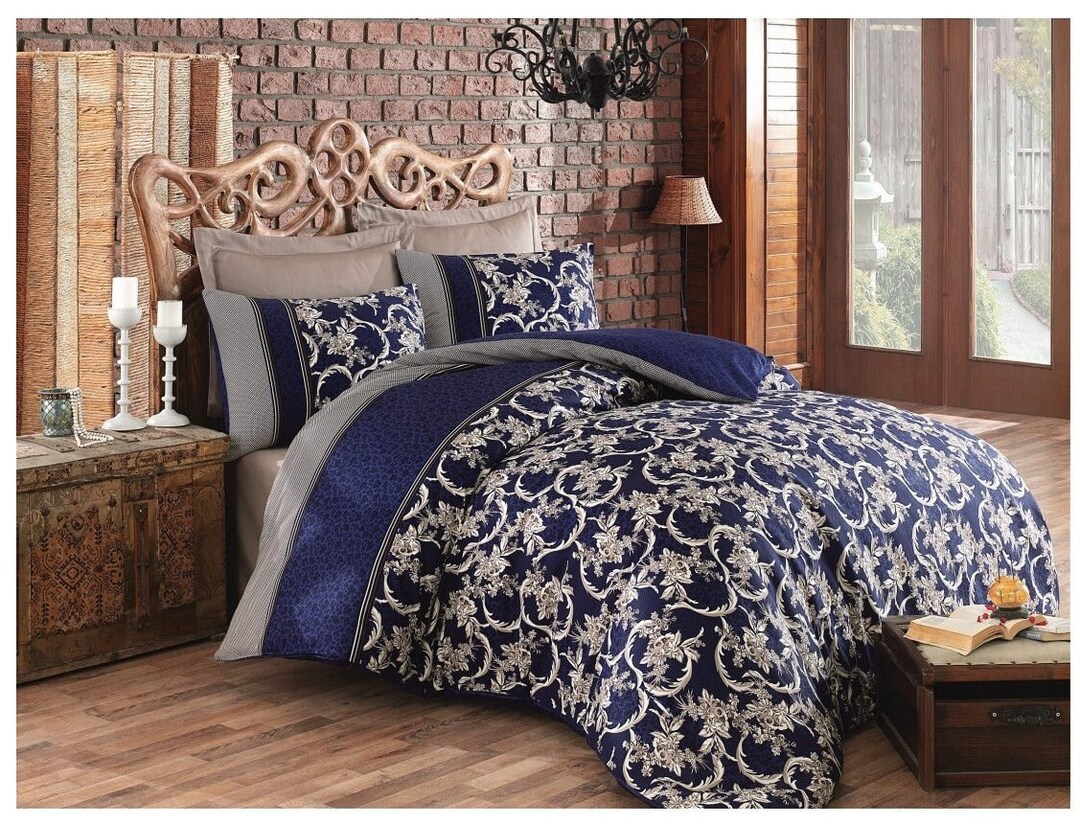 Cotton Satin Duvet Cover Set Double Pera Navy Blue Etsy