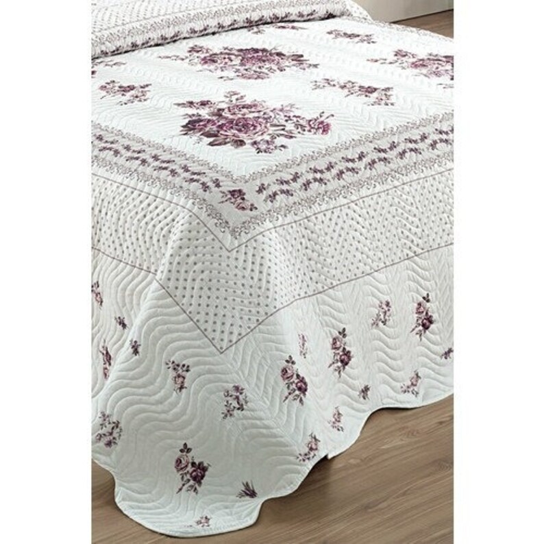 Flower Double Quilted Bedspread Set Lilac Etsy