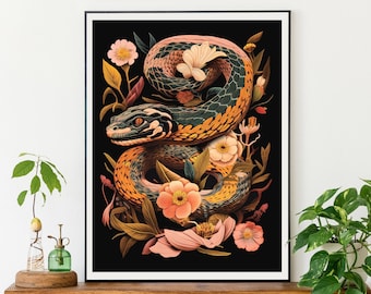Floral Snake Print, Snake Illustration, Flower Floral Wall Art, Home Decor, Wall Art Gift, Boho Snake, Art Print, Digital Print