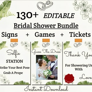 May include: A printable bridal shower bundle with 130+ editable signs, games, and tickets. The bundle features a green and white floral design with a ring motif. The text "Selfie Station", "Guess The Dress", and "Thank You" is visible on the signs.