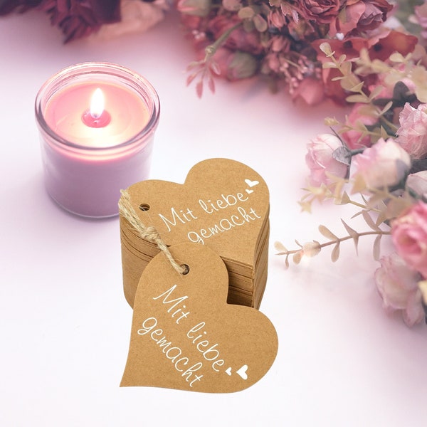 Geschenkanhänger Herz aus Kraftpapier "Mit liebe gemacht", Anhänger für Hochzeit, Geschenke, Selbstgemachtes, Geschenkanhänger Danke sagen