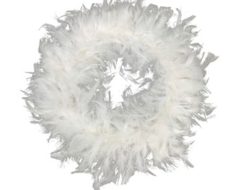 Fluffiger runder Federkranz zum Dekorieren, weiterverarbeiten, zum Aufhängen, als Dekoration veredelt mit einem Glaslicht in Weiß 25 cm
