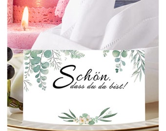 Tischkarten "Schön, dass du da bist" mit Eukalyptus Design, Platzkarten für Taufe, Geburstag, Hochzeit, Geburtstag, Platzkarten Set