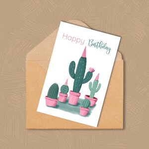 cartão de aniversário de cacto fofo, design de planta adorável, cartão de aniversário para amantes da natureza, cartão de felicitações feito à mão, cartão de aniversário exclusivo