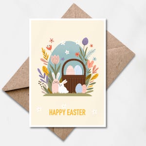 May include: Easter greeting card with a light beige background. It features a brown basket filled with decorated eggs, two bunnies, and colorful flowers. The words "HAPPY EASTER" are printed in a bold font.