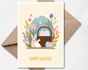 Carte de lapin de Pâques, voeux de Joyeuses Pâques imprimable avec des lapins et des oeufs