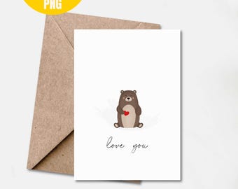 Je t'aime carte de voeux d'ours imprimable, cadeau d'amour romantique, téléchargement immédiat