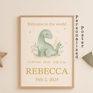 Personalisiertes Baby Geburtsposter mit Wasserfarben Dinosaurier - Personalisierte Neugeborenen Kinderzimmer Deko