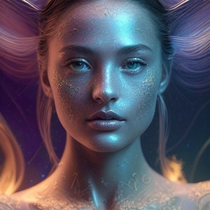 Könnte beinhalten: Eine Frau mit langen, fließenden lila und blauen Haaren, die ein silber- und goldfarbenes Oberteil trägt. Ihre Haut ist mit einem schimmernden, irisierenden Finish bedeckt.