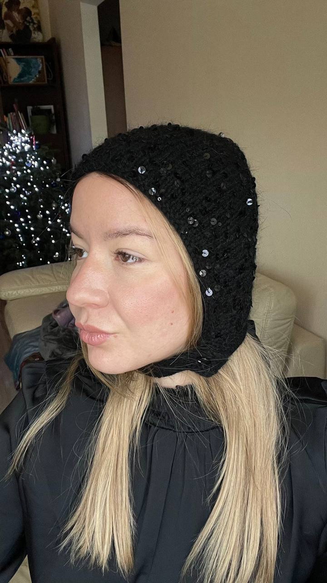 Winter Hand Knit Grey Mohair Hat With Sequins Chunky Knit Mohair