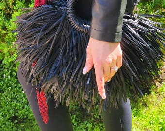Handmade Black Raffia Fringe Bag | Eco Friendly Woven Purse  | Sustainable Straw Handbag | Luxury Crochet Summer Tote