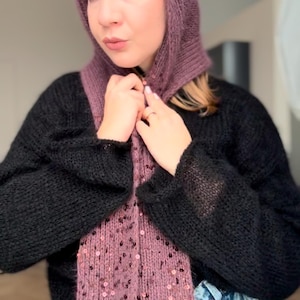 Knit Adult Womens Grey Bonnet, Crochet Wool Bonnet Winter Hat, Hand Knit Earflap Chunky Fuzzy Beanie With Ties, Christmas Warm Gift For Her