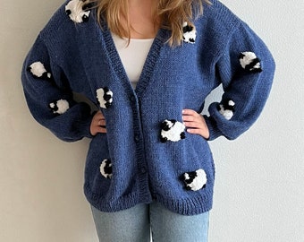 Sheep blue cardigan, trendy chunky sweater, black sheep on whites princess cardigan, custom order knittings