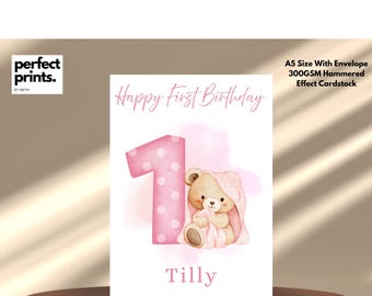 A5 First Birthday Girl Card, Baby Girl 1st Birthday Card, Personalised First Birthday Card, Pink Girly First Birthday Card, Cute Bear Card