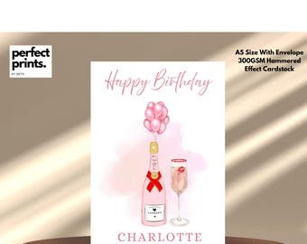 A5 Pink Birthday Girl Card, Pink Champagne Birthday Card, Friends Pink Birthday Card, Women’s Pink Birthday Card