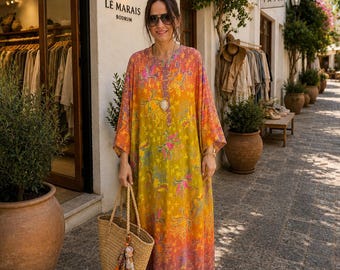 Abito lungo boho con stampa floreale tropicale, caftano boho estivo, completo svolazzante per le vacanze al mare, adatto alla gravidanza