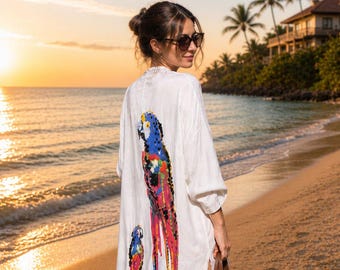 Colorful Parrot Print Cotton Viscose Kimono – Lightweight Boho Beach Cover Up
