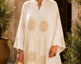 Vestido largo estilo bohemio, caftán bordado, ropa de playa holgada de corte amplio, vestido apto para embarazadas.