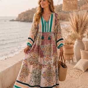 Bohemian Maxi Dress, Flowy Loose Fit Resort Wear, Mediterranean Style, Maternity Friendly