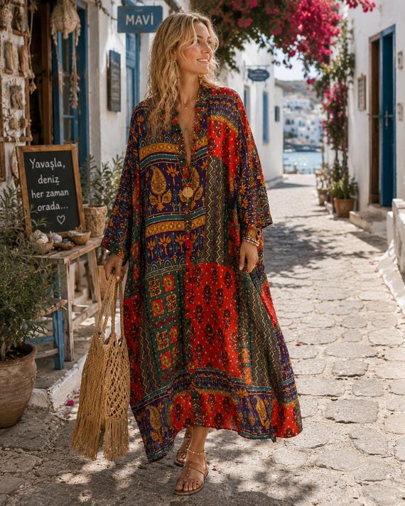 boho kaftan maxi dress Bohemian Kaftan, Patchwork Kaftan, Flowy Loose Fit Resort Wear, Maternity Friendly All Over Print Placket effortless Bridal Shower Dresses For DRESS OPTIONS:Without Flutter Sleeves
