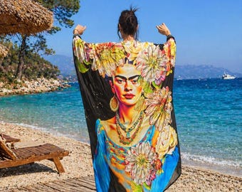Kimono Frida Kahlo – Kaftán bohemio de playa para mujer, bata kimono artística con estampado floral, ropa de resort extragrande, abrigo ligero de verano.