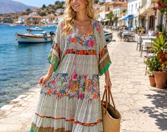 Colorful Bohomian Maxi Dress for Women, Oversized Flowy Summer Kaftan Maternity friendly Resort Wear