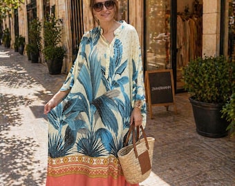 Vestido caftán de mujer con estampado tropical – Vestido largo de verano extragrande, ropa de resort, atuendo relajado para vacaciones