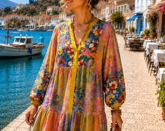 Bohemian Floral Maxi Dress Kaftan Women, Colorful Oversized Loose Fit Resort Wear, Maternity Friendly