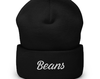 Embroidered 'Beans' Cuffed Beanie, Unisex Acrylic Knit