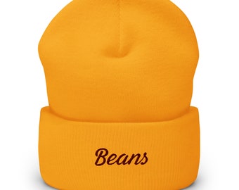 Embroidered 'Beans' Cuffed Beanie, Unisex Turbo Acrylic Beanie