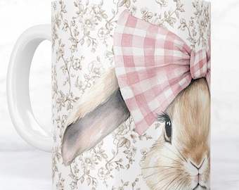 Envoltorio floral para taza de conejo de Pascua: diseño de lazo de cuadros vichy rosas (descarga digital, PNG, 325 g y 400 g)