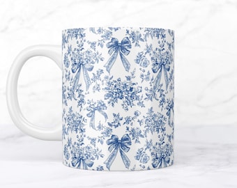 Diseño de sublimación para envoltorio de taza con lazo (PNG). Plantilla para taza de tela azul Coquette de 325 ml y 430 ml (descarga digital).