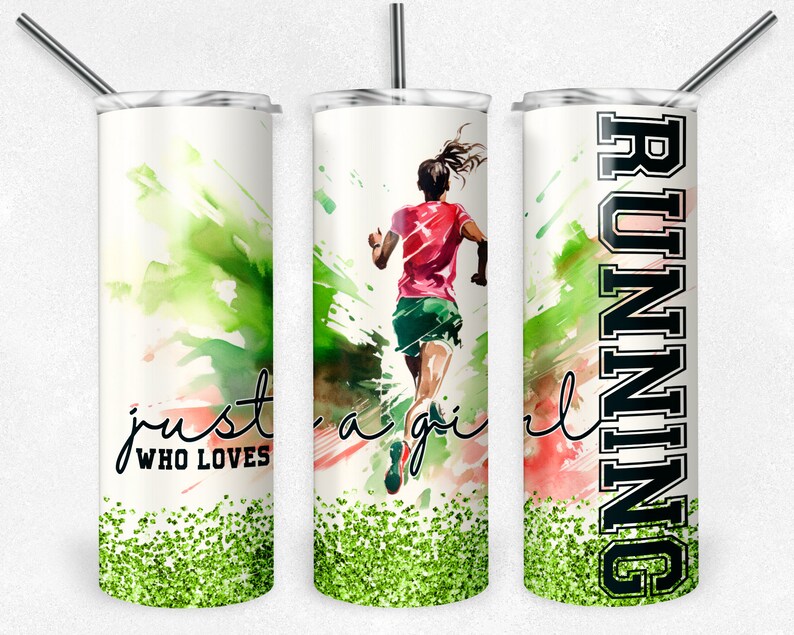 May include: A white tumbler with a green and pink watercolour design of a runner. The text "just a girl who loves running" is on the left side of the tumbler. The word "running" is written vertically on the right side of the tumbler.